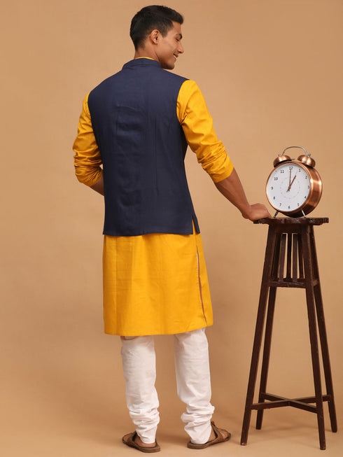 Vastramay Men's Navy Blue Solid Cotton Nehru Jacket With Mustard Kurta And White Pyjama Set